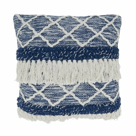 SARO 18 in. Fringe Moroccan Design Square Throw Pillow with Poly Filling, Navy Blue 2907.NB18SP